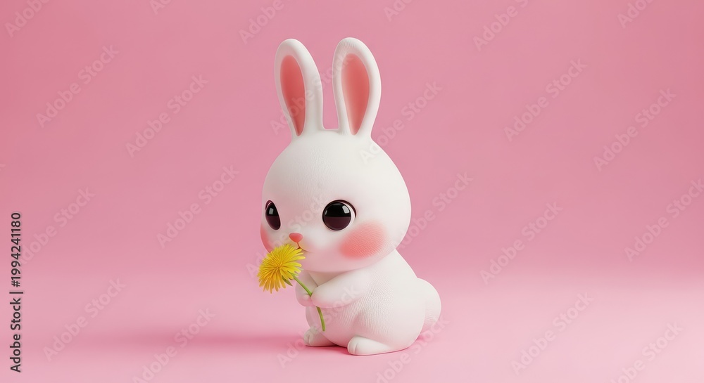 Obraz premium Charming 3d render of a white bunny with rosy cheeks holding a vibrant yellow chick
