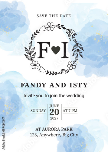 Elegant Save the Date Wedding Invitation Card with Watercolor Floral Vintage Border