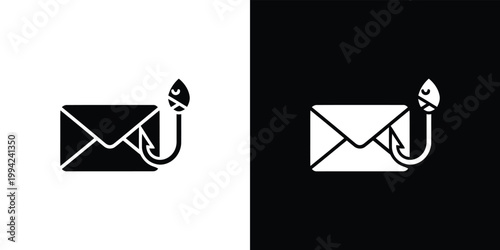 Black and white of fishing hook with envelope phishing email