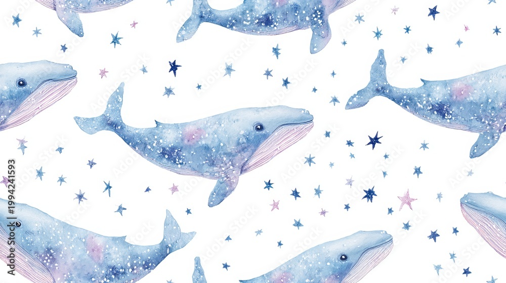 Fototapeta premium Watercolor boho whale with stars seamless repeat pattern, cute nursery decorative design in soft pastel colors on white background for textile and surface print