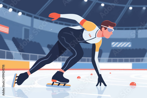 Illustration Of A Male Ice Skater In Sprint Position On An Ice Oval Vector Design Template