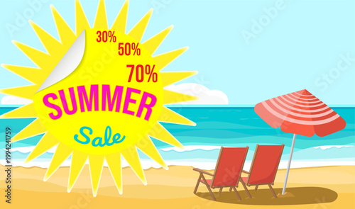 Banner with two sun loungers on the beach with an exciting summer sale with discounts