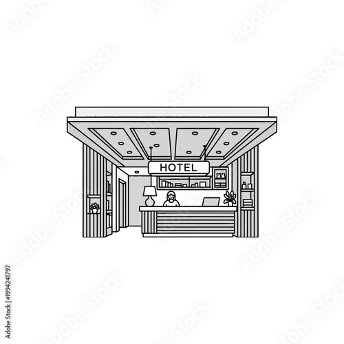Minimalist hotel reception desk line art vector illustration