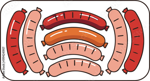 Grilled sausages are cooking on a plate outdoors at a barbecue.