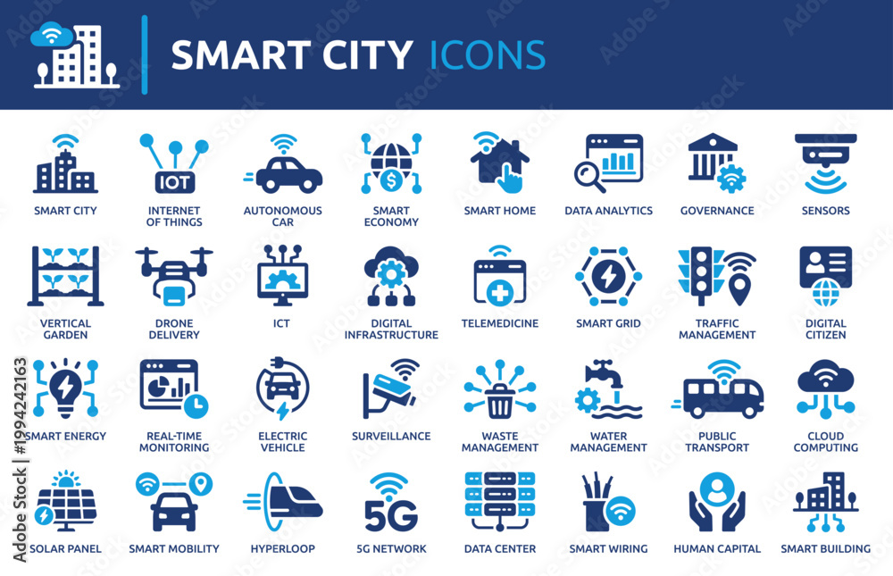 Obraz premium Smart City icon set, containing smart building, iot, technology, infrastructure, connectivity and smart mobility. Solid vector icons illustration.