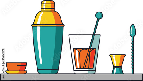 Bartender prepares cocktail with shaker on countertop indoors