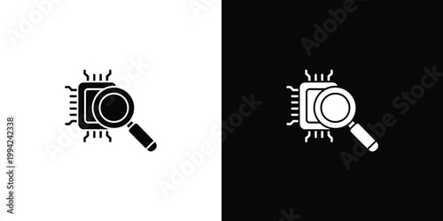 Magnifying glass over microchip on black and white background computer chip symbol technology