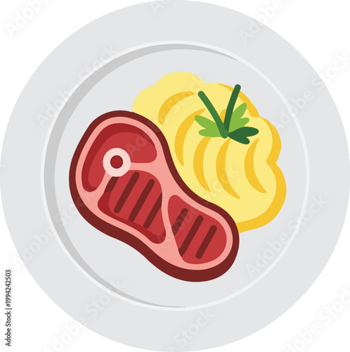 Grilled steak and mashed potatoes on a plate with herb garnish