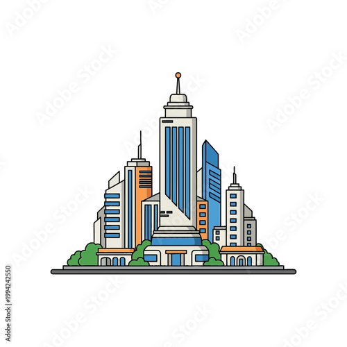 Modern city skyline illustration with skyscrapers and green parks