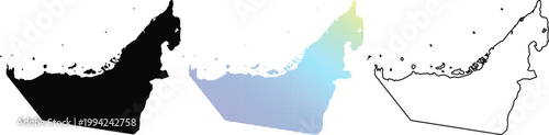 United Arab Emirates Map Collection Featuring Solid Silhouette, Colorful Dotted Pixel Pattern, and Minimalist Black Outline Designs