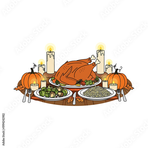 Traditional Thanksgiving Dinner with Roasted Turkey and Pumpkins