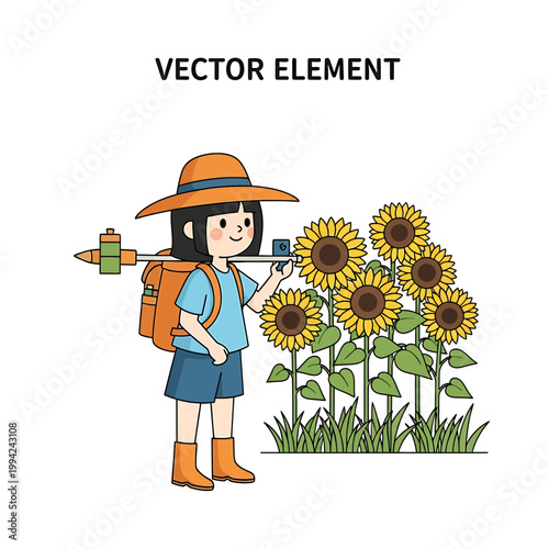 Young researcher scanning sunflowers in a field vector illustration