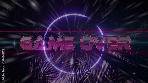 3D neon GAME OVER gaming title zooming in, causing ring pulse, sliding scanlines, palms ending game