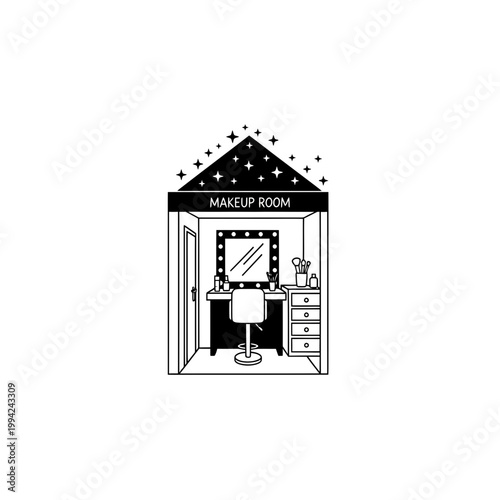 Minimalist Line Art Vector Illustration of a Makeup Room Vanity