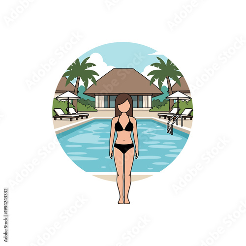 Woman in black bikini at tropical resort pool vector illustration