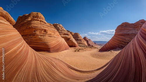 Commercial stock photography, the interior of a slot canyon with strong chiaroscuro and overhead lighting creating dramatic light and shadow. 