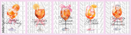 Retro watercolor illustration showcasing Italian aperitif in glass with citrus garnish, ice cubes, and geometric coastal elements ideal for summer invitation backgrounds and menu art.