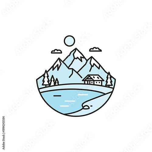 Minimalist mountain landscape vector illustration with cabin and lake