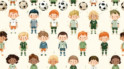 Childish soccer tournament seamless pattern, playful football league and international championship background, colorful vector illustration for design