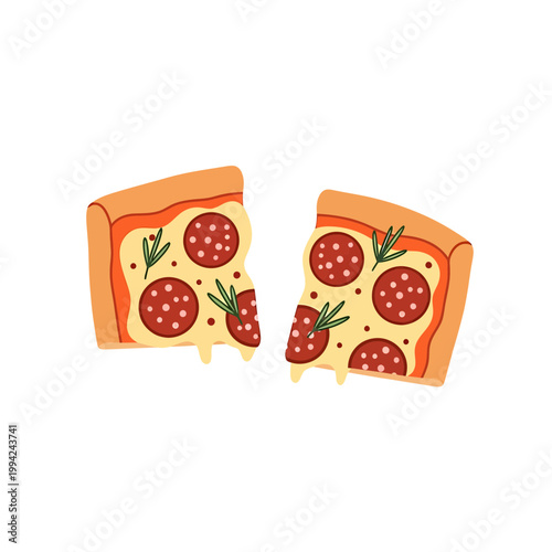 Pepperoni pizza slices with melted cheese and herbs illustration