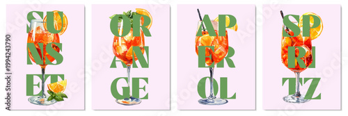 Vibrant watercolor Aperol spritz cocktail illustration with fresh orange slices and ice, perfect for summer party invitations and Italian aperitif posters.