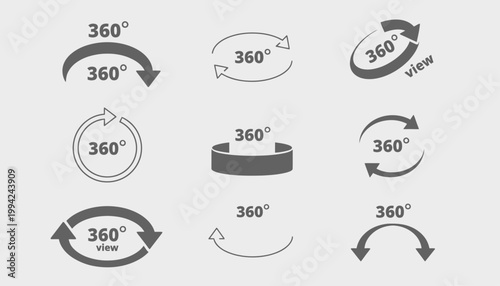 Collection of 360-degree view icons and symbols for virtual tours and interactive content representation