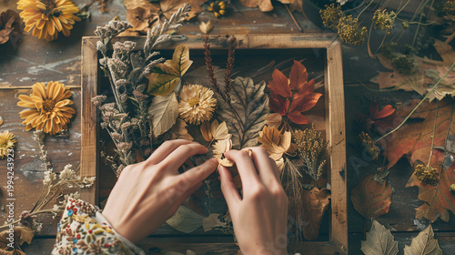 Top view of hands carefully arranging dried autumn leaves and flowers in a wooden frame for botanical herbarium art