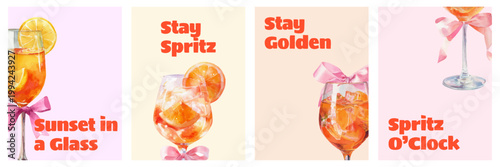 Vibrant aperol spritz watercolor art featuring refreshing cocktail with citrus fruit. Ideal for summer party postcards, bar menus, and festive Italian drink illustrations.