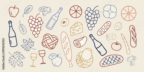 A colorful hand drawn illustration of wine cheese fruit and bread