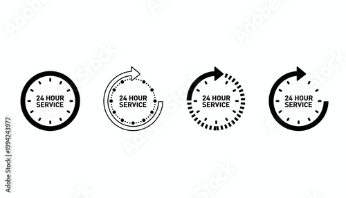 Set of four 24-hour service icons with circular arrows and dotted lines, representing continuous availability