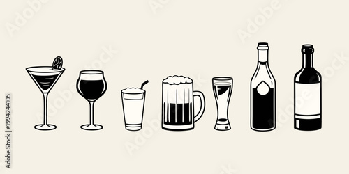 A collection of assorted alcoholic beverages in a minimalist line art style