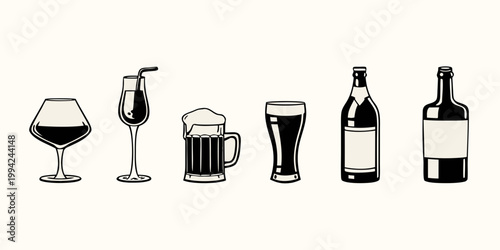 An illustration displaying various alcoholic beverages in black and white