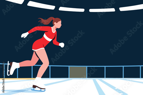 Illustration Of A Female Short Distance Ice Skater In A Low Standing Position On An Indoor Ice Rink Vector Design Template