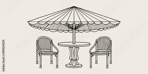 A simple line drawing depicts a cafe table and two chairs under an umbrella