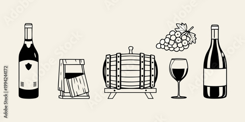 Wine related items including bottles barrel glass and grapes illustrated