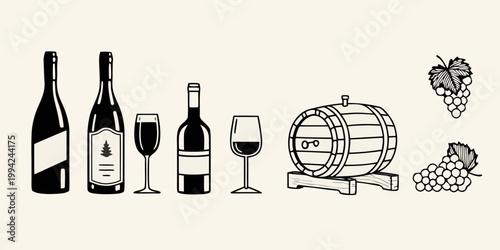 A collection of wine bottles glasses a barrel and grape bunches