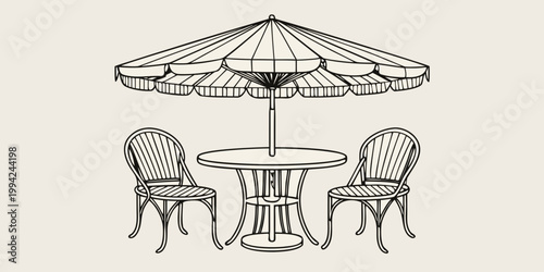 A vintage outdoor bistro set featuring a striped umbrella and chairs