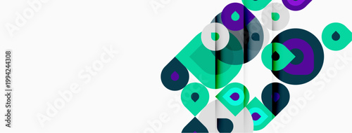 Abstract geometric shapes overlap, creating dynamic composition. Teal, purple hues dominate white background. Modern design element.