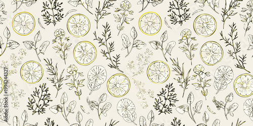 Botanical illustration featuring lemon slices and various delicate herbs