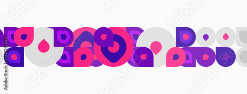 Abstract pattern features colorful circles, squares, droplets. Shapes repeat horizontally across white background. Modern design element.