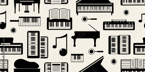 Musical instruments and sheet music create a repeating pattern