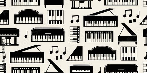 Seamless pattern featuring various black silhouettes of pianos and musical notes