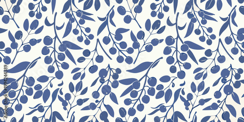 Blue and white olive branch pattern fills the entire frame