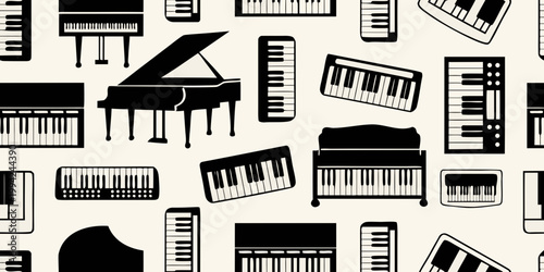 Seamless pattern featuring various keyboard instruments in monochrome