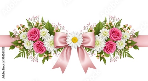 Pink satin bow tied with a symmetrical floral arrangement of vibrant pink roses, white chrysanthemums, and delicate baby's breath