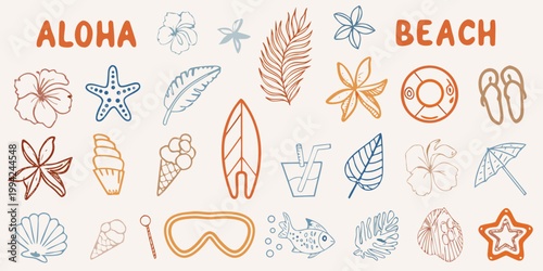 Colorful beach themed doodles with floral elements and summer accessories