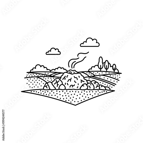 Vector illustration of a steaming compost pile in a rural field