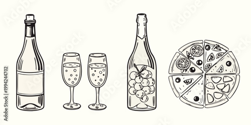 Sketch of wine bottles champagne flutes and a slice of citrus pizza