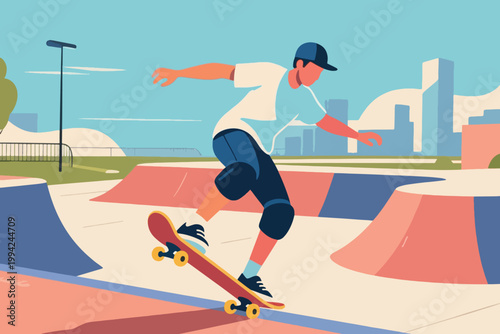 Illustration Of A Young Skateboarder Performing Tricks On A Ramp In A Public Park Vector Design Template