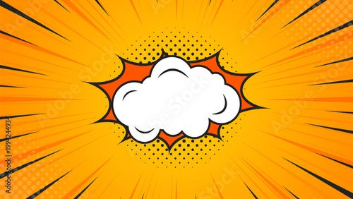 Pop art comic explosion background with blank white cloud for text, abstract orange-yellow sunburst background with halftone. Suitable for sales banners, ad templates, web and pages